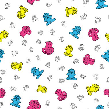 Beyaz arka planda renksiz ve beyaz maymunlar. Vektör illüstrasyonu hediye paketi, çocuk yatağı, durağan, ambalaj tasarımı projeleri için harika 