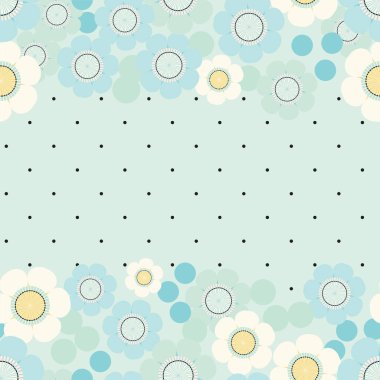 Mavi ve krema çiçekleri siyah noktalar arka planda. Dekoratif çiçekli desenli pastel renkler ev, çocuklar ve çocuk dekorasyonu için ideal.
