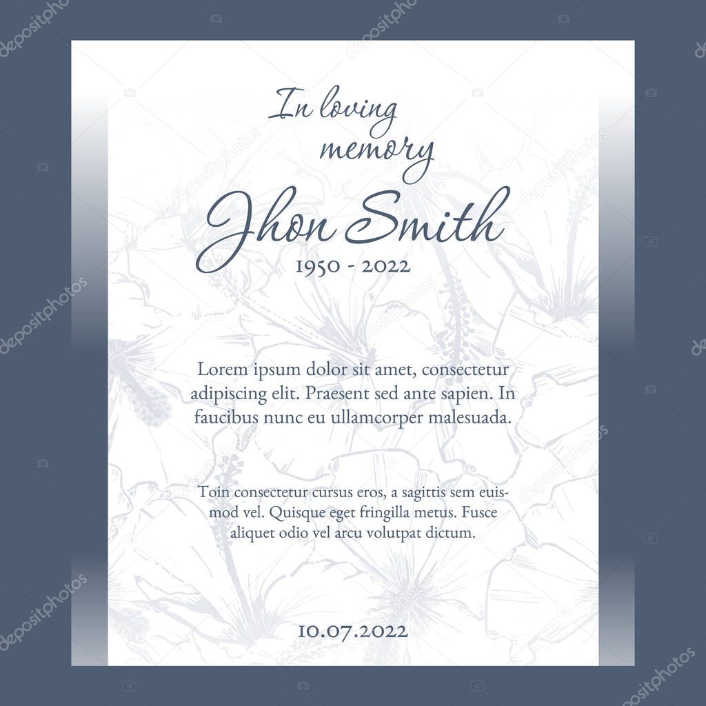 card template funeral with blue floral background. Vector illustration for condolence card