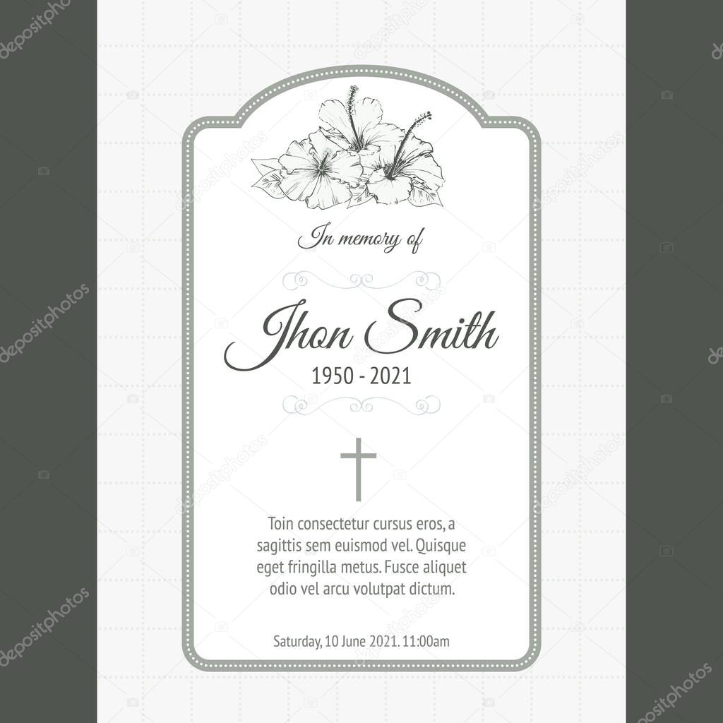 card template funeral with green bouquet flowers. Vector illustration for condolence card