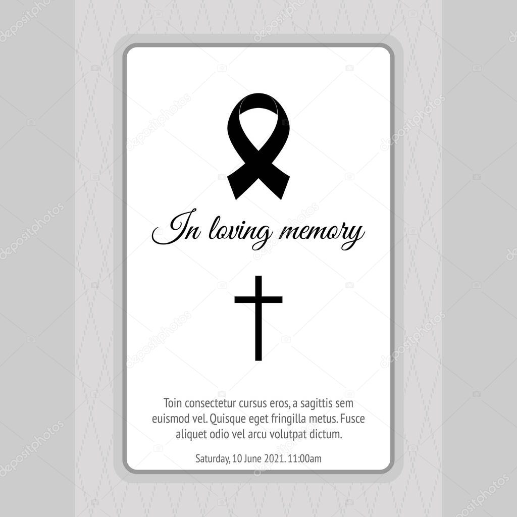 card template funeral with black ribbon. Vector illustration for condolence card in gray colors