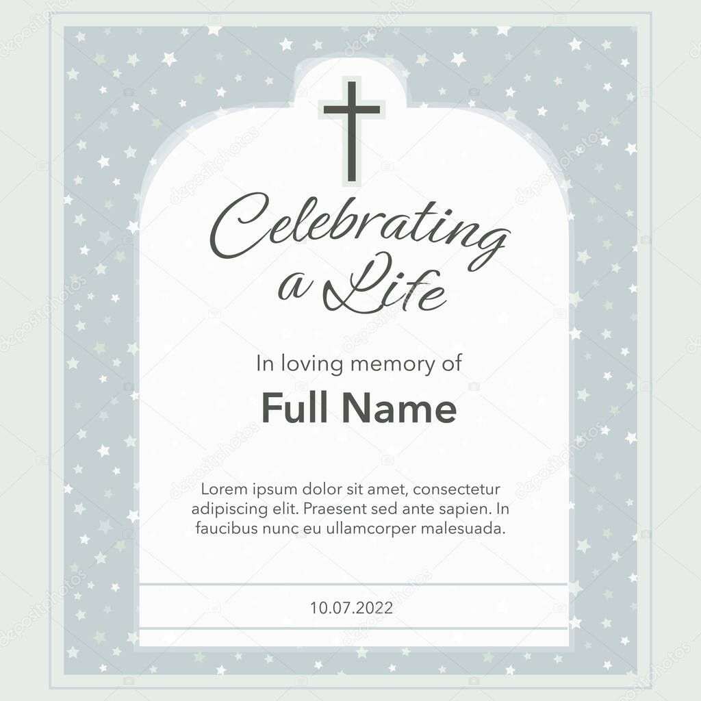 funeral card template with starry grey background Vector illustration withs stars for condolence card