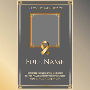 card template funeral with golden ribbon and photo frame. Elegant metallic, gray and golden vector illustration for condolence card