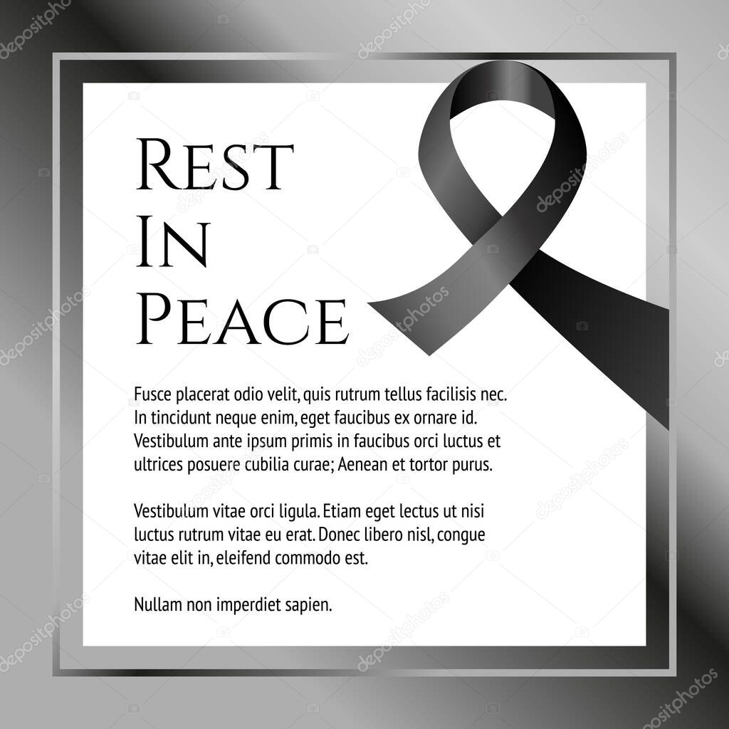 card template funeral with black ribbon. Elegant black and white vector illustration for condolence card