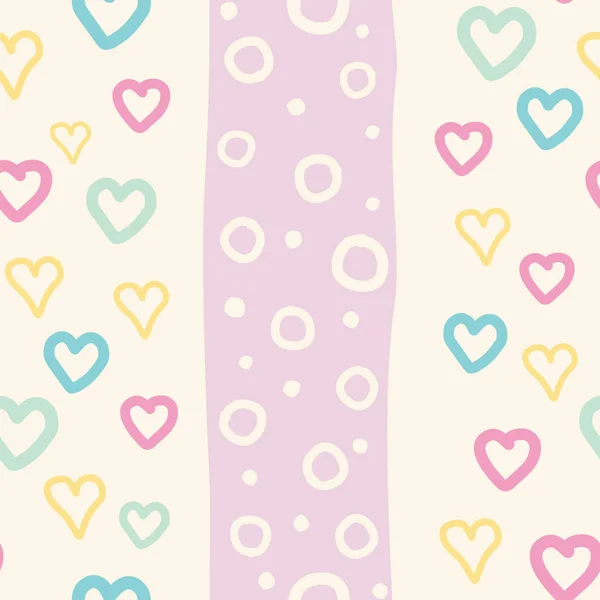 Seamless Pattern Colorful Pastel Hearts Dots Cream Pink Background Vector — Vector de stock