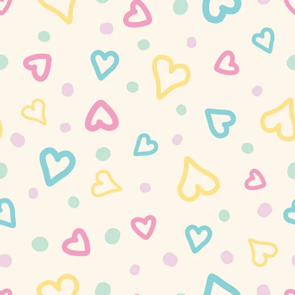 Seamless Pattern Colorful Pastel Hearts Dots Beige Background Vector Illustration — Vector de stock