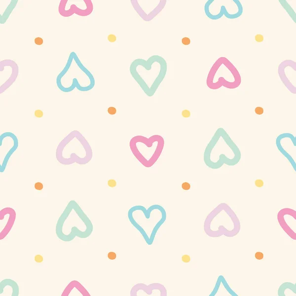 Seamless Pattern Green Blue Pink Hearts Orange Yellow Dots Beige — Stock Vector