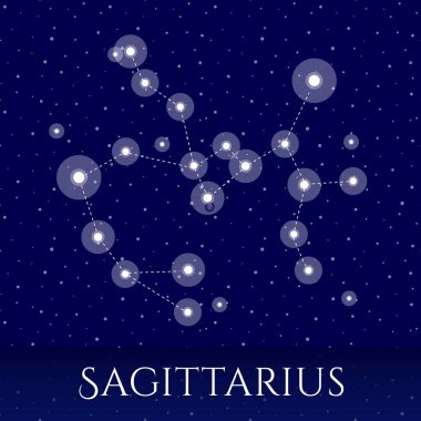 Zodiac constellation Sagittarius. Vector illustration with Sagittarius constellation, over blue starry background and the word Sagittarius