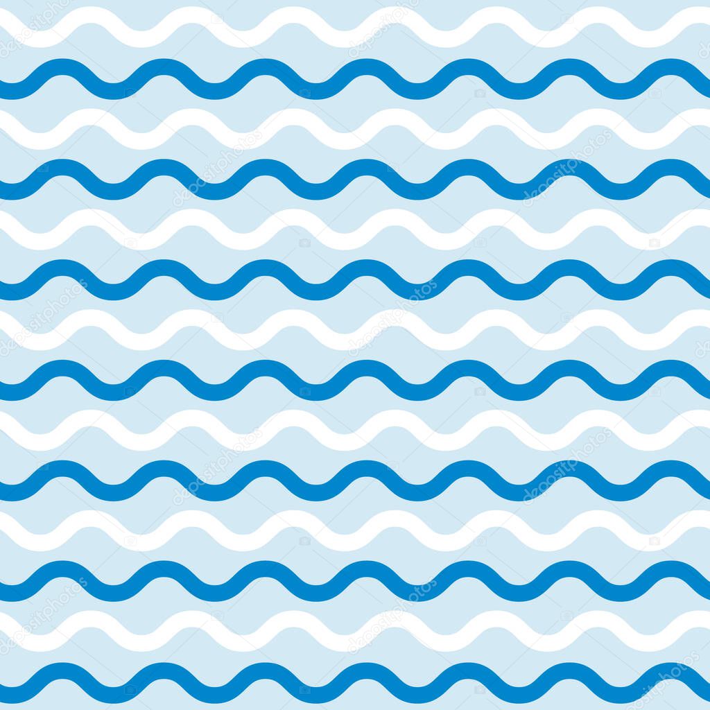 Vector illustration of white and blue waves, on blue background, simulating the sea. Seamless pattern with lines in blue tones. 