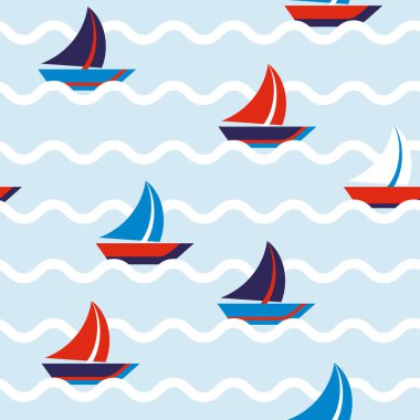 Red and blue sailing ships with white waves seamless pattern. Background design with modern stylish texture. Template for prints, textile, wrapping and decoration, wallpaper. Vector illustration with