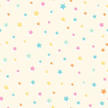 Cute vector geometric seamless pattern, with colorful stars with white shadow , over cream beige background. Ideal for home and bedroom decoration, prints, party theme with pastel colors.