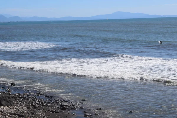 Möwen Fliegen Wasser Einem Strand Einer Kleinen Stadt Das Meer — Stockfoto