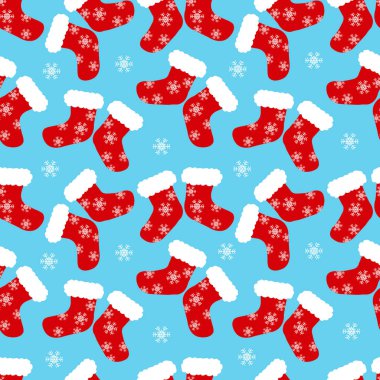 Mavi arkaplanda beyaz kar taneli kırmızı çorap deseni, moda kumaşı tekstil elementi ve yılbaşı veya mutlu yeni yıl kağıtları.