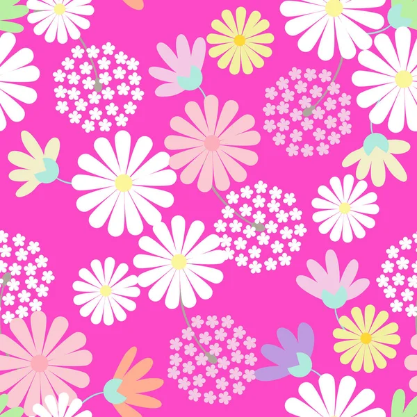 Colorful White Pink Yellow Daisy Petal Flower Blossom Vector Seamless — Vettoriale Stock