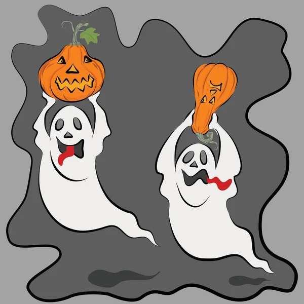 Two Halloween Spooky White Ghost Long Red Tongue Holding Orange — Stockvektor