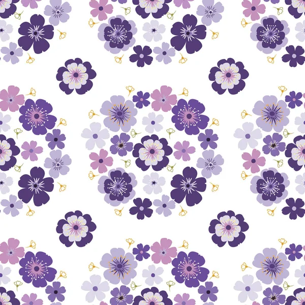紫色紫罗兰花花瓣春花矢量无缝图案 抽象植物图解 白色背景下的时尚面料印花 墙纸和纸包装 — 图库矢量图片