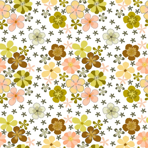 パステルカラーハイビスカスの花びら 春の花のベクトルシームレスパターン ファッション生地の印刷 壁紙や紙の包装のための白い背景に描かれた抽象的な植物図 — ストックベクタ