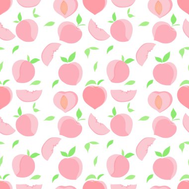 Pastel pembe şeftali meyvesi ve arkasında vektörsüz desen, beyaz arkaplan üzerine tatlı renkli meyve çizimi moda kumaşı baskısı, duvar kağıdı ve kağıt ambalajı