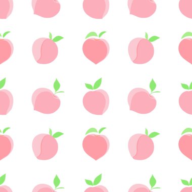 Vector seamless pattern with pastel pink Peach fruit and leaves, sweet color fruits illustration drawing on white background for fashion fabric textile printing, wallpaper and paper wrapping