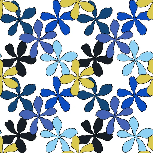 黄色和蓝色花瓣春花的矢量无缝图案 用于时尚面料印花 墙纸和纸包装的白色背景抽象植物图 — 图库矢量图片