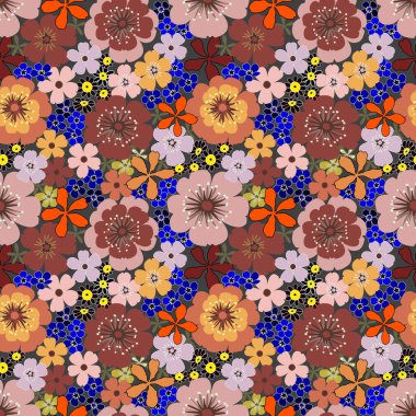 Kahverengi yaprak yaprağı Anemone bahar çiçeği çiçeğiyle vektörsüz desen, desenli kumaş baskı, duvar kâğıdı ve kağıt ambalajı için mavi arkaplan üzerine resimli soyut flora çizimi