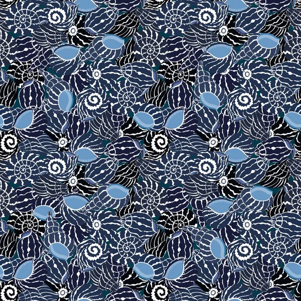 Vector Seamless Pattern Blue Seashell Illustration Abstract Shellfish Drawing Black — Stockový vektor