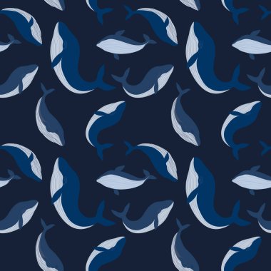 Mavi Balina 'yla vektör deseni, okyanustaki illüstrasyon soyut hayvan modadan kumaş baskı, duvar kağıdı ve kağıt ambalajı için koyu mavi arkaplan çiziyor.