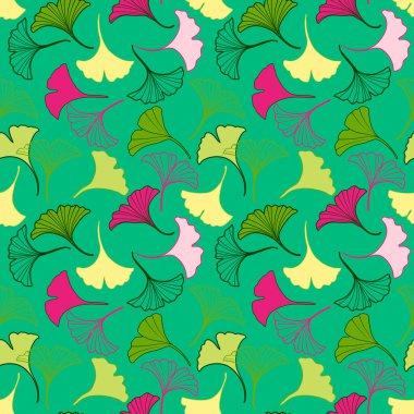 Sarı ve pembe ginkgo yaprakları dökülen vektörsüz desen, moda kumaşı baskısı, duvar kâğıdı ve kağıt ambalajı için yeşil arkaplan üzerine resimleme soyut sonbahar yaprağı çizimi