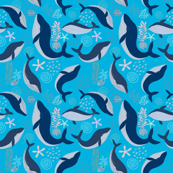 Vector Seamless Pattern Blue Whale Shell Coral Star Fish Illustration — Stockvektor