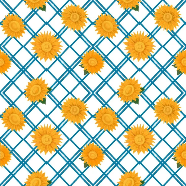 Illustration Seamless Patterns Drawing Yellow Petal Sunflower Blooming Blue Square — Fotografia de Stock