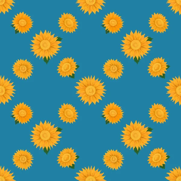 Illustration seamless patterns drawing of yellow petal sunflower blooming, diagonal plaid repeat pattern arranged on blue background for fashion fabric textiles, wallpaper, paper wrapping