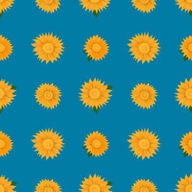 Illustration seamless patterns drawing of yellow petal sunflower blooming, geometry plaid repeat pattern arranged on blue background for fashion fabric textiles, wallpaper, paper wrapping