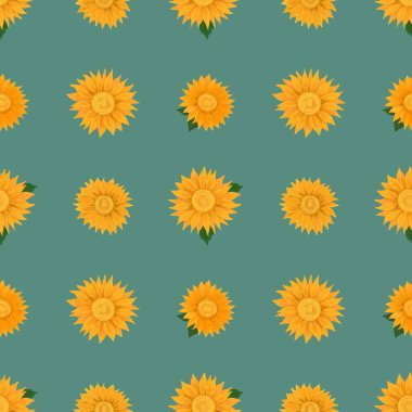 Illustration seamless patterns drawing of yellow petal sunflower blooming, geometry plaid repeat pattern arranged on green background for fashion fabric textiles, wallpaper, paper wrapping