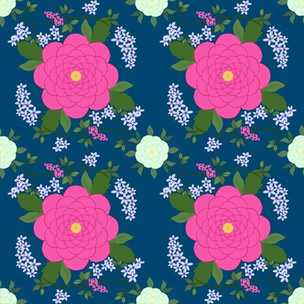 Vintage Pink Peony Purple Wreath Flower Illustration Seamless Pattern Blue — ストック写真