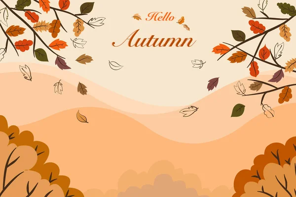 Vector of Autumn season view drawing, landscape of orange and brown leaves, trees, forest on mountain scenery with hello autumn texts for holidays  postcard, invitation background