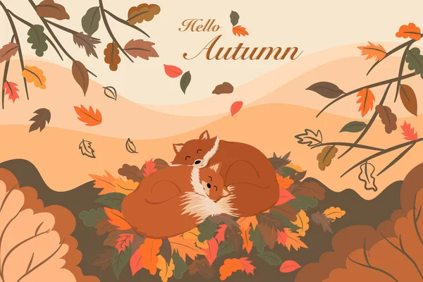 Vector Sleeping Foxes Brown Orange Leaves Autumn Season Drawing Landscape — Stockvektor