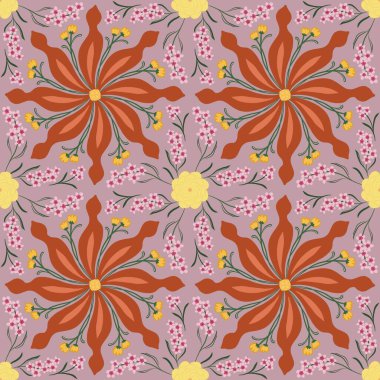 Vintage brown wreath flower illustration seamless pattern on pink background, abstract flora arranged mandalas repeat patterns for clothing fashion fabric textiles printed, wallpaper, paper wrapping