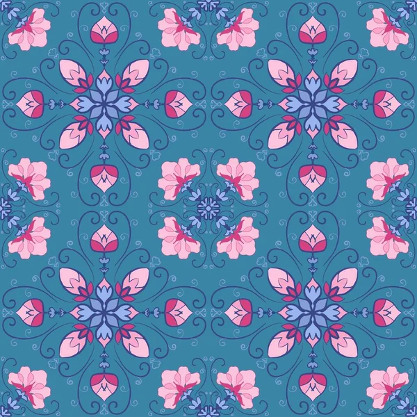 Vintage Pink Petal Flower Illustration Seamless Pattern Blue Background Abstract — Foto Stock