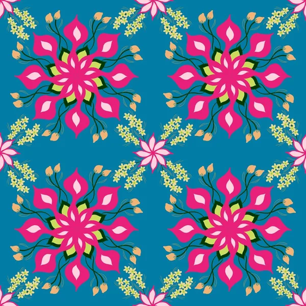 Vintage pink wreath flower illustration seamless pattern on blue background, abstract flora arranged mandalas repeat patterns for clothing fashion fabric textiles printed, wallpaper, paper wrapping