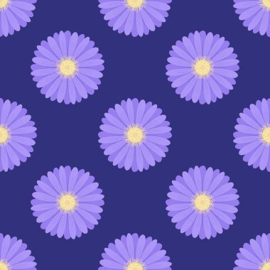 Purple chamomile daisy flower blossom illustration seamless pattern, flora drawing design on violate background for fashion clothing textiles printing, wallpaper and paper wrapping