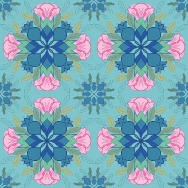 Pomegranate pink petal flower illustration seamless on green background, abstract flora arranged mandalas repeat patterns for clothing fashion fabric textiles printed, wallpaper, paper wrapping