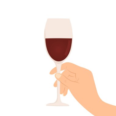 Elle çizilmiş karikatür çizimi, elinde kırmızı şarap tutan erkek eli. Beyazda izole edilmiş.