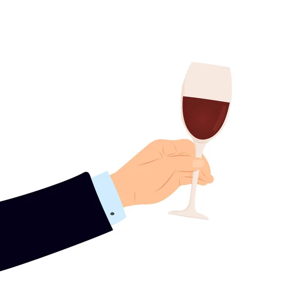 Kézzel rajzolt rajzfilm vektor illusztráció férfi kéz öltöny kezében vörösbor. Fehér alapon elszigetelve. — Stock Vector