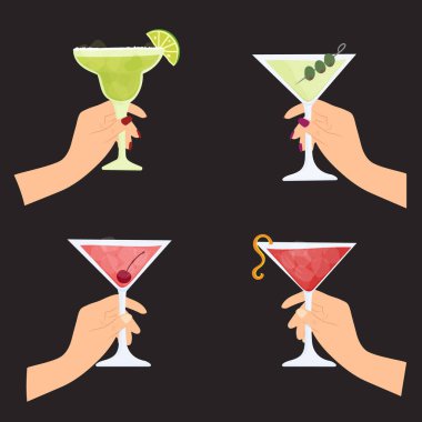 Martini, Manhattan, Cosmopolitan, dondurulmuş Margarita kokteyllerini tutan kadınların el çizimi bir çizgi film çizimi. Kutlama, parti, kızlar gecesi..