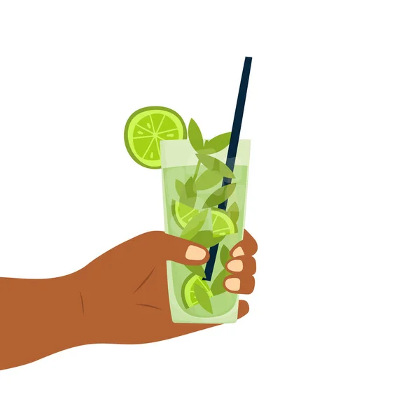 Hand drawn cartoon vector illustration of male african american hand in holding glass of green mojito cocktail with lime. Isolated on white. — Stock Vector