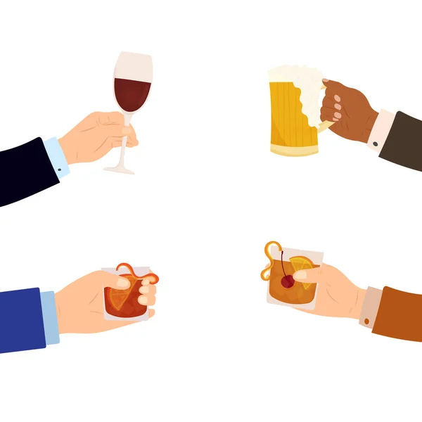 Desenho à mão ilustração vetorial de desenhos animados de diversas mãos masculinas e femininas segurando várias bebidas. Celebração, festa de escritório. Isolado em branco. — Vetor de Stock