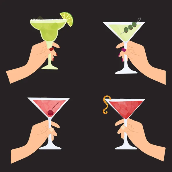 Handgezeichnete Cartoon-Vektor-Illustration weiblicher Hände, die Martini, Manhattan, kosmopolitische gefrorene Margarita-Cocktails halten. Feiern, Party, Mädchenabend. — Stockvektor