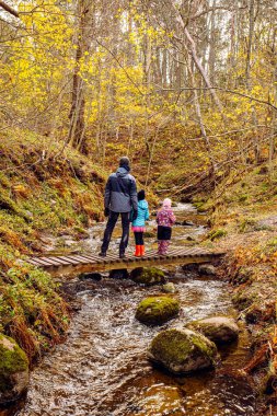 Soğuk bir sonbahar gününde iki kızıyla birlikte basit bir tahta köprüde yürüyüş yapıyor. Arka planda tepeler olan sert bir nehir yatağı..