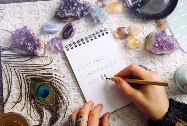 Top View Woman Hands Math Calculate Life Path Number Paper — Stock Photo, Image