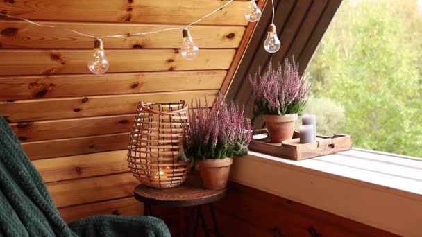 Petit Balcon Cabine Bois Couleur Naturelle Avec Des Fleurs Bruyère — Video